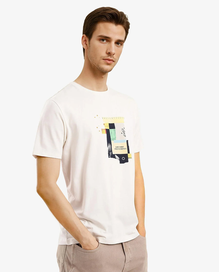 Rare Rabbit Men's Jaceb Off White Cotton Blend Graphic Print Regular Fit Half Sleeve Crew Neck T-Shirt