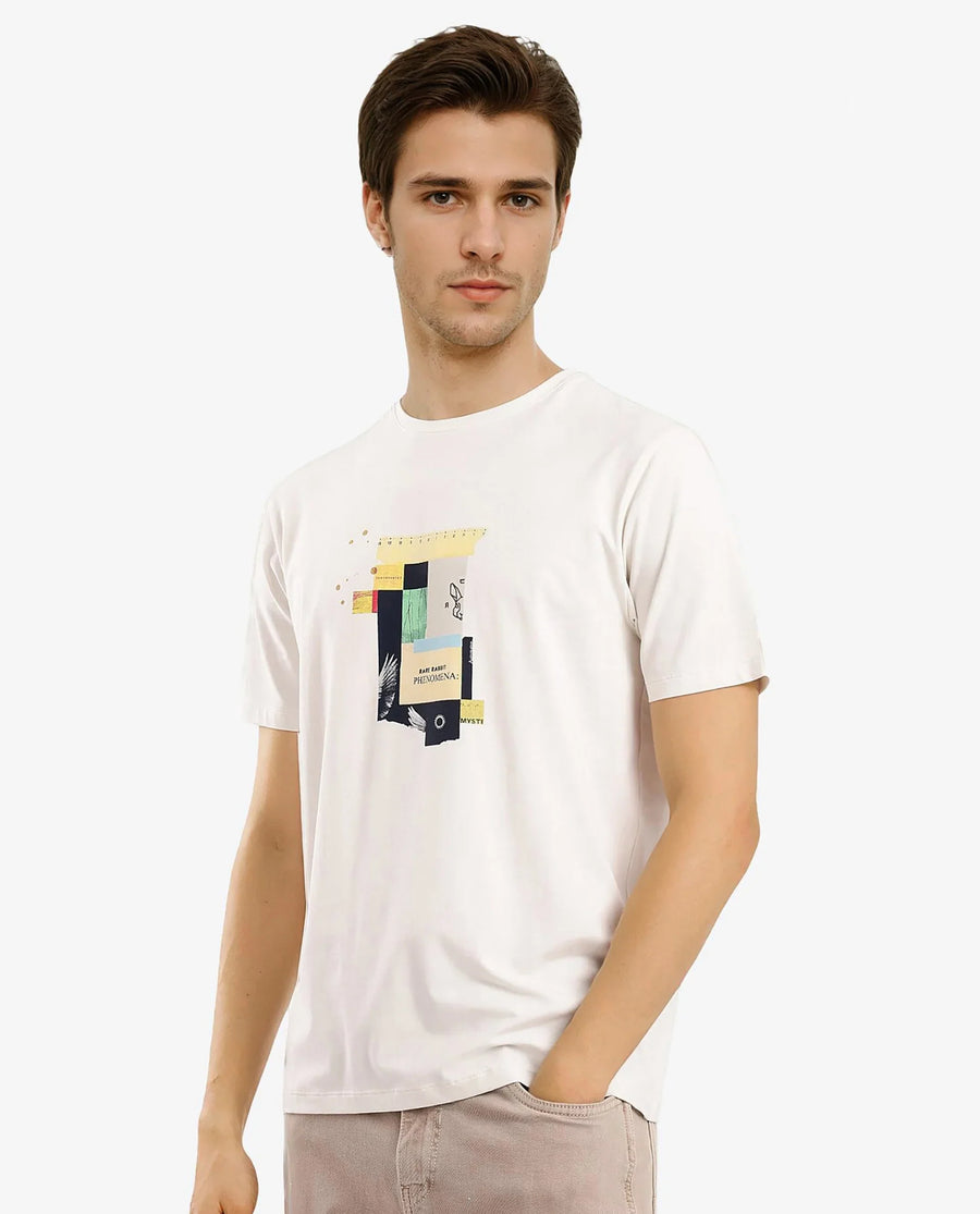 Rare Rabbit Men's Jaceb Off White Cotton Blend Graphic Print Regular Fit Half Sleeve Crew Neck T-Shirt