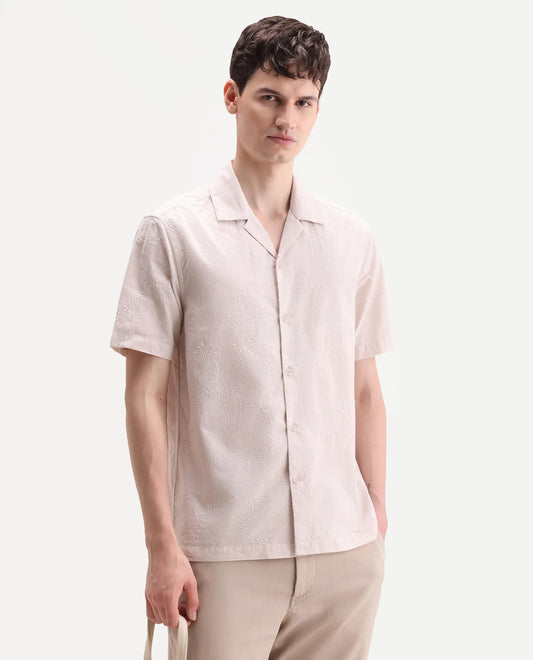 Rare Rabbit Men's Jaff-26 Beige Cotton Fabric Half Sleeve Cuban Collar Button Relaxed Fit Embroidered Shirt