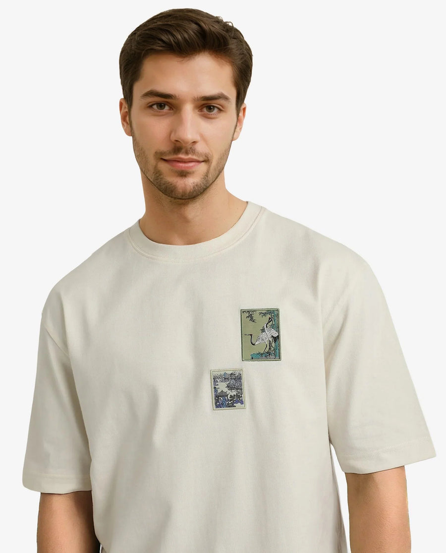 Rare Rabbit Men's Jap Off White Cotton Graphic Print Regular Fit Half Sleeve Crew Neck T-Shirt