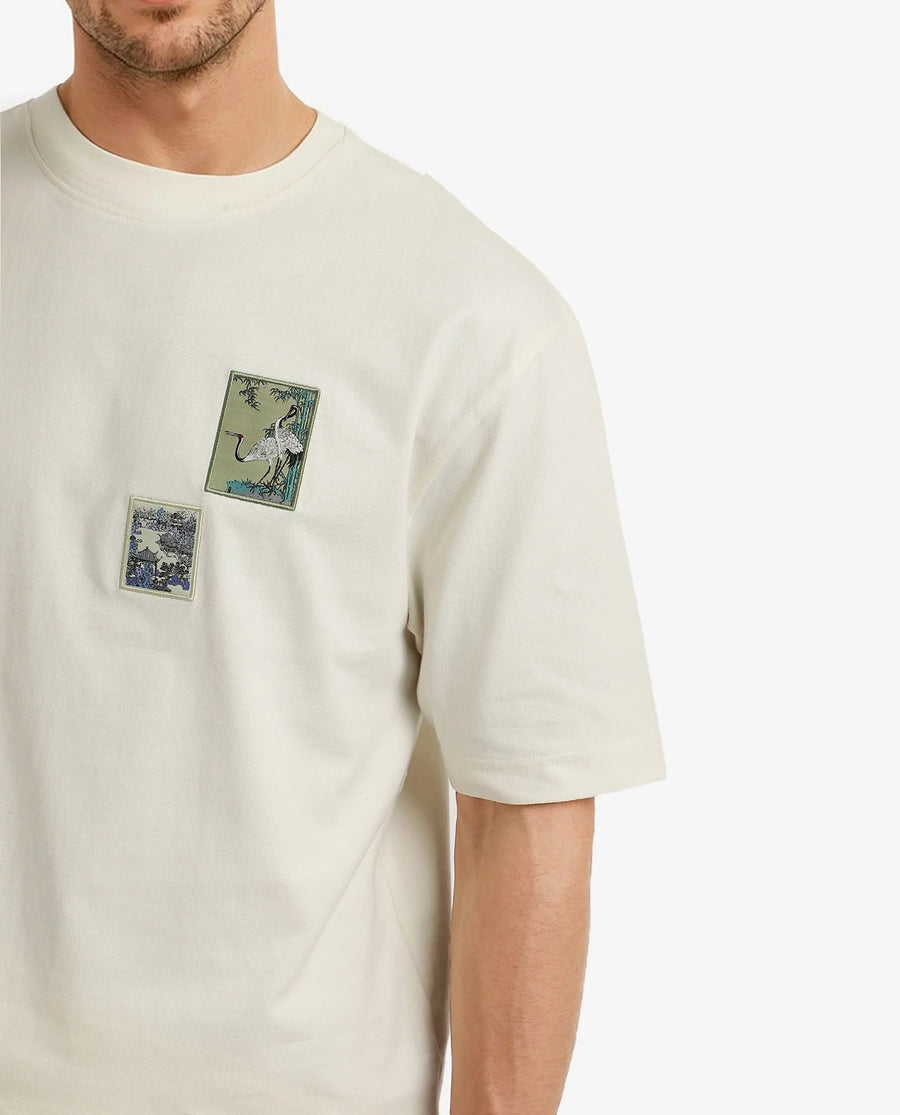 Rare Rabbit Men's Jap Off White Cotton Graphic Print Regular Fit Half Sleeve Crew Neck T-Shirt