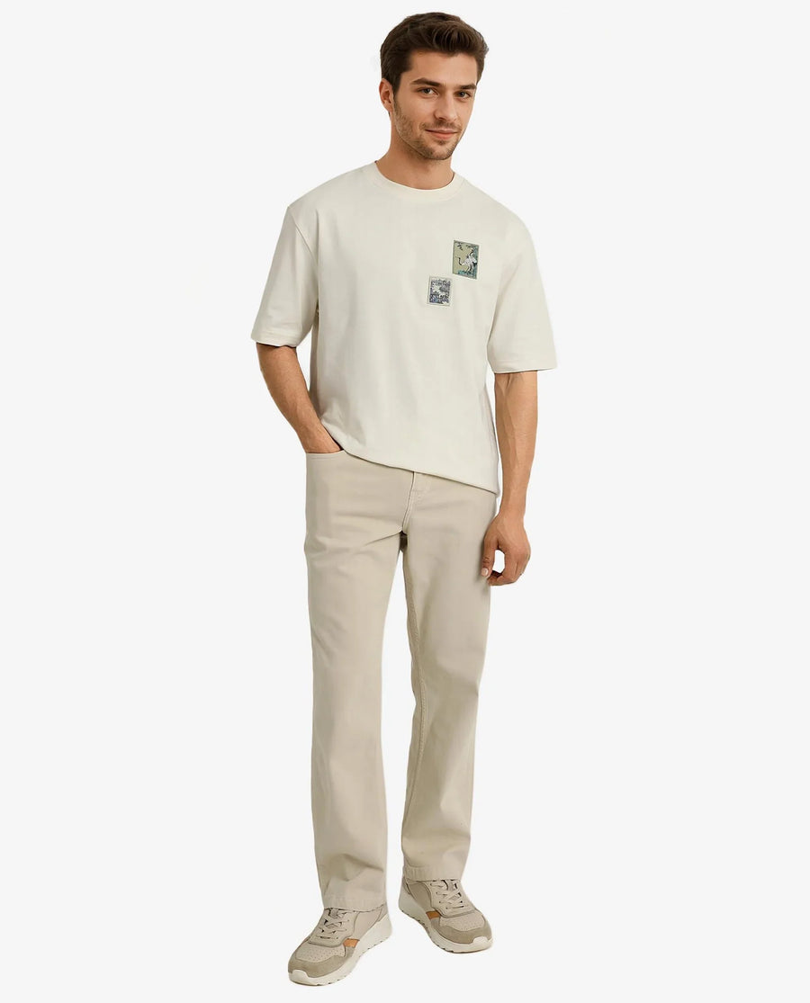 Rare Rabbit Men's Jap Off White Cotton Graphic Print Regular Fit Half Sleeve Crew Neck T-Shirt