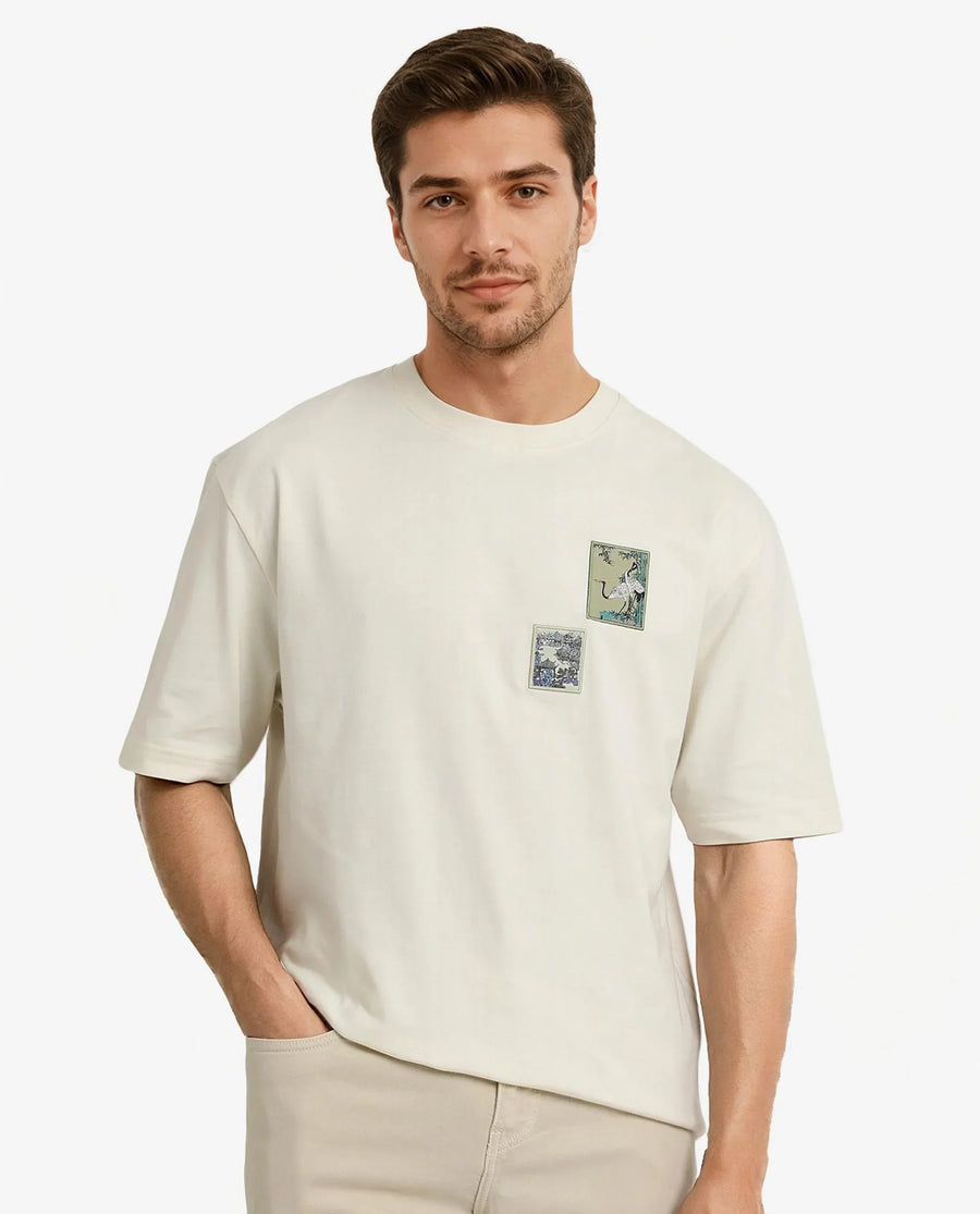 Rare Rabbit Men's Jap Off White Cotton Graphic Print Regular Fit Half Sleeve Crew Neck T-Shirt