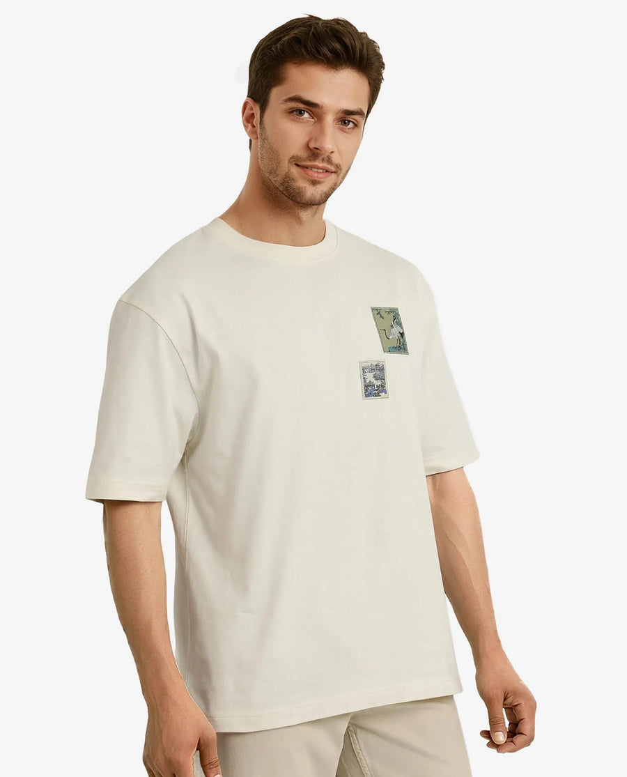 Rare Rabbit Men's Jap Off White Cotton Graphic Print Regular Fit Half Sleeve Crew Neck T-Shirt