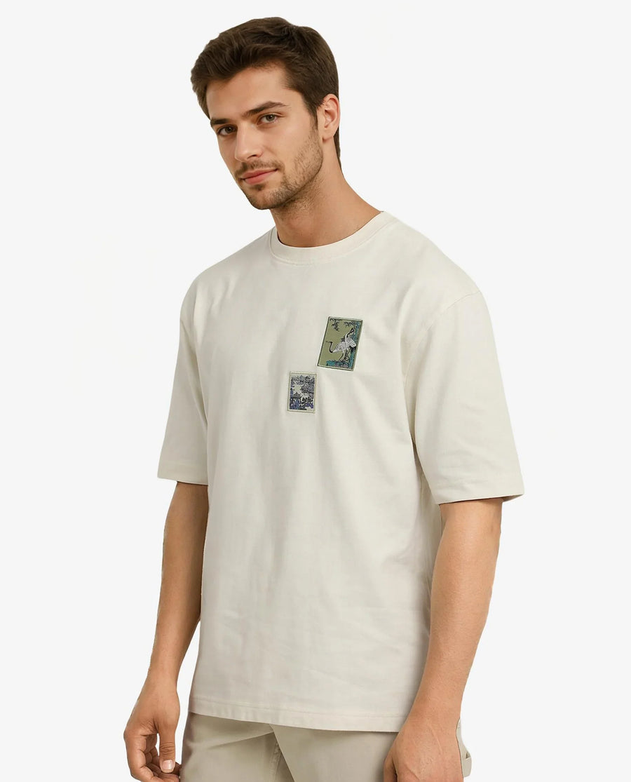Rare Rabbit Men's Jap Off White Cotton Graphic Print Regular Fit Half Sleeve Crew Neck T-Shirt