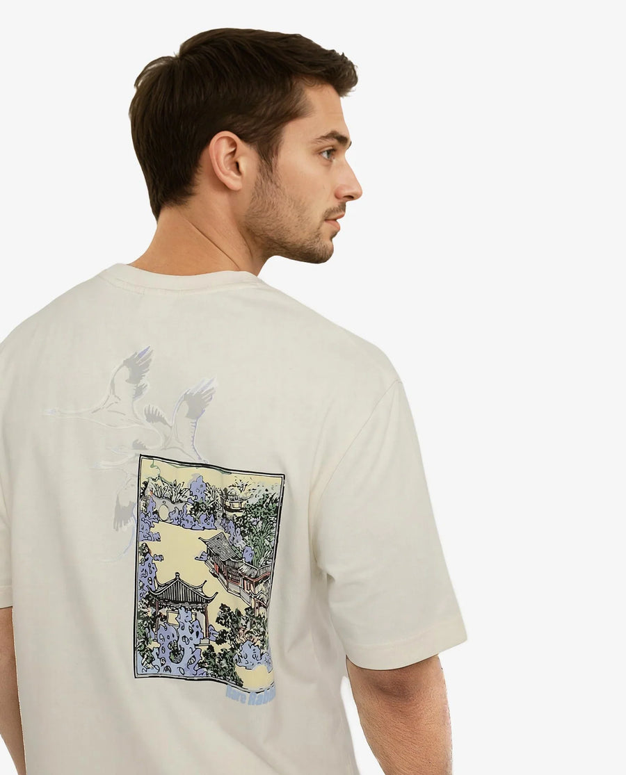 Rare Rabbit Men's Jap Off White Cotton Graphic Print Regular Fit Half Sleeve Crew Neck T-Shirt