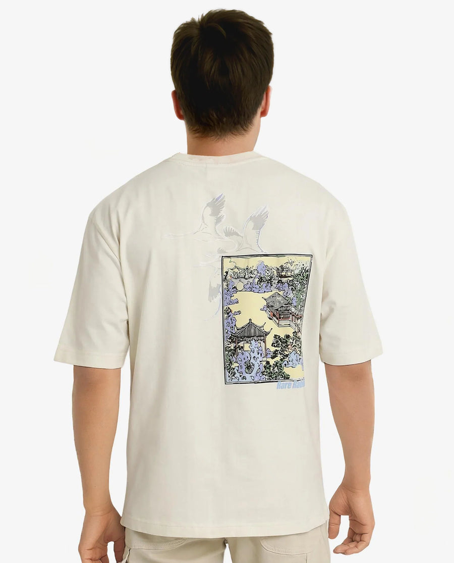 Rare Rabbit Men's Jap Off White Cotton Graphic Print Regular Fit Half Sleeve Crew Neck T-Shirt