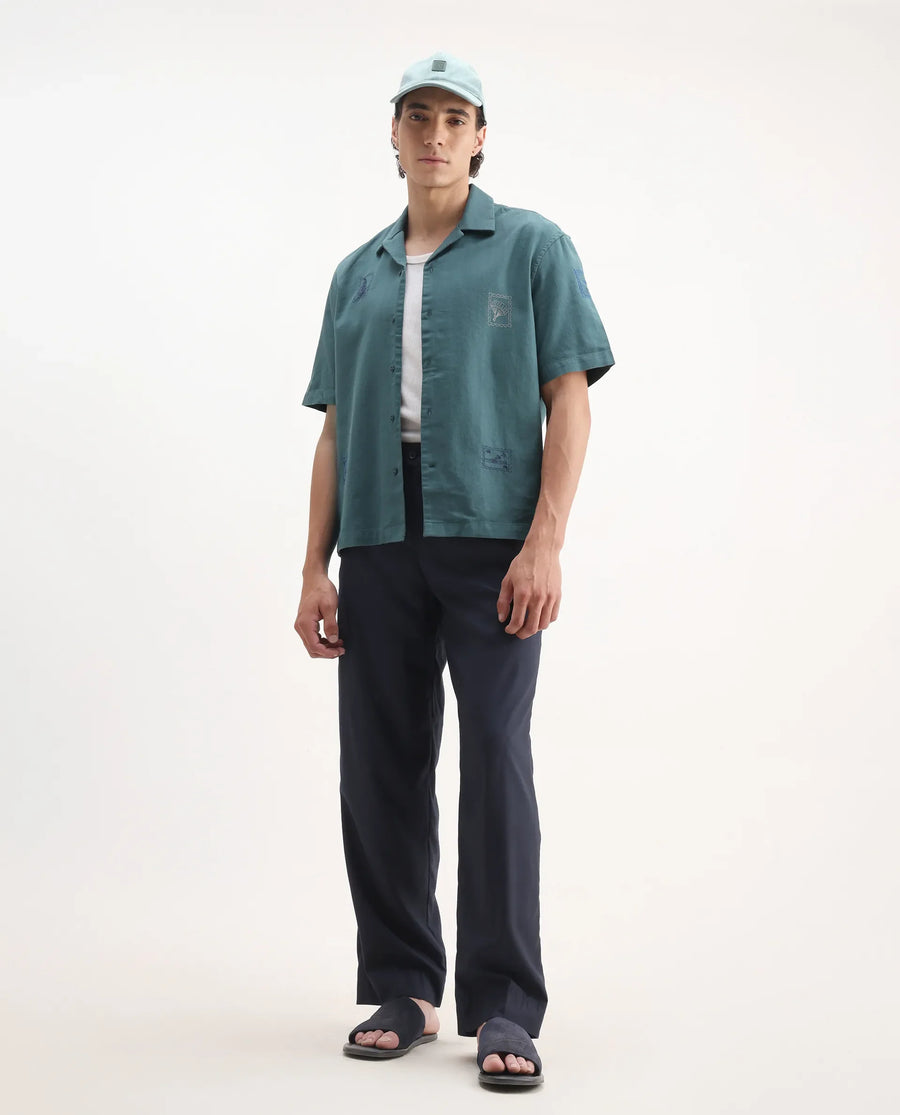 Rare Rabbit Men's Jarny Green Cotton Embroidered Boxy Fit Half Sleeve Cuban Collar Shirt