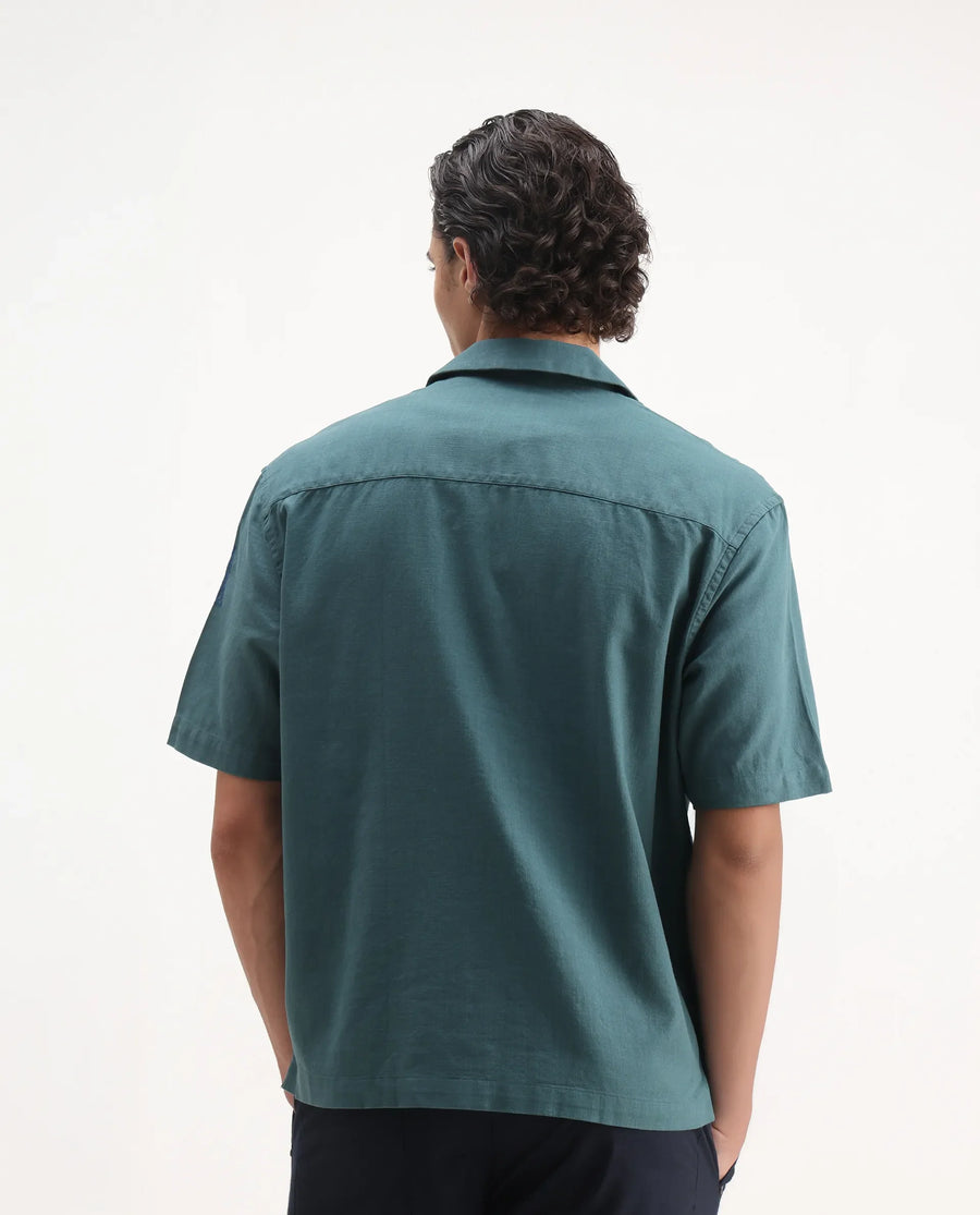 Rare Rabbit Men's Jarny Green Cotton Embroidered Boxy Fit Half Sleeve Cuban Collar Shirt