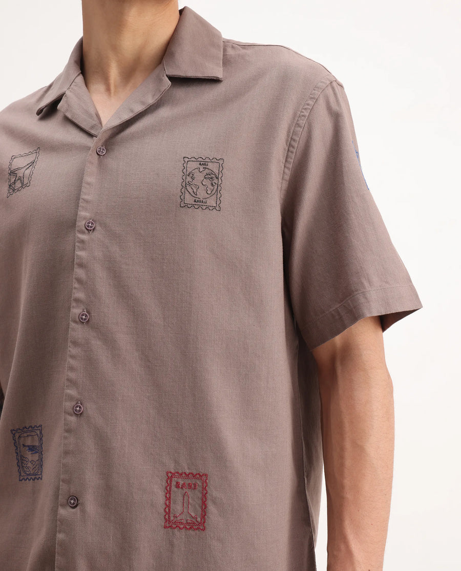 Rare Rabbit Men's Jarny Light Brown Cotton Embroidered Boxy Fit Half Sleeve Cuban Collar Shirt