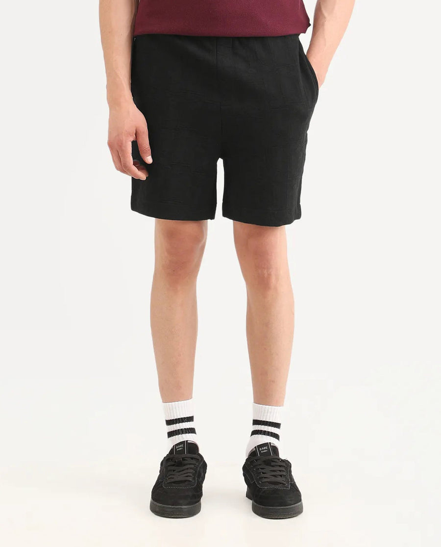 Rare Rabbit Men's Jas-1-Sh Black Polyester Blend Fabric Regular Fit Textured Shorts