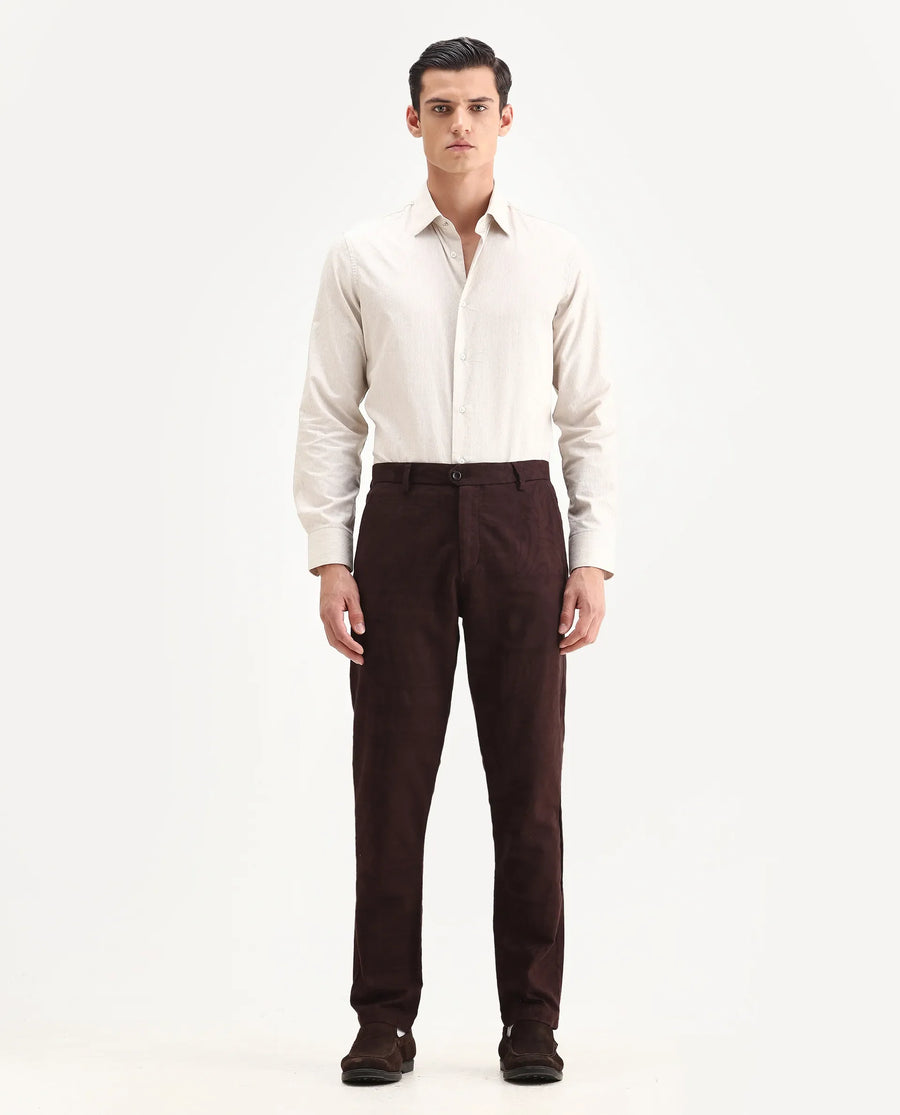 Rare Rabbit Men Jeck-Aw25 Dark Brown Cotton Fabric Button And Zip Closure Closure Jacquard Trouser