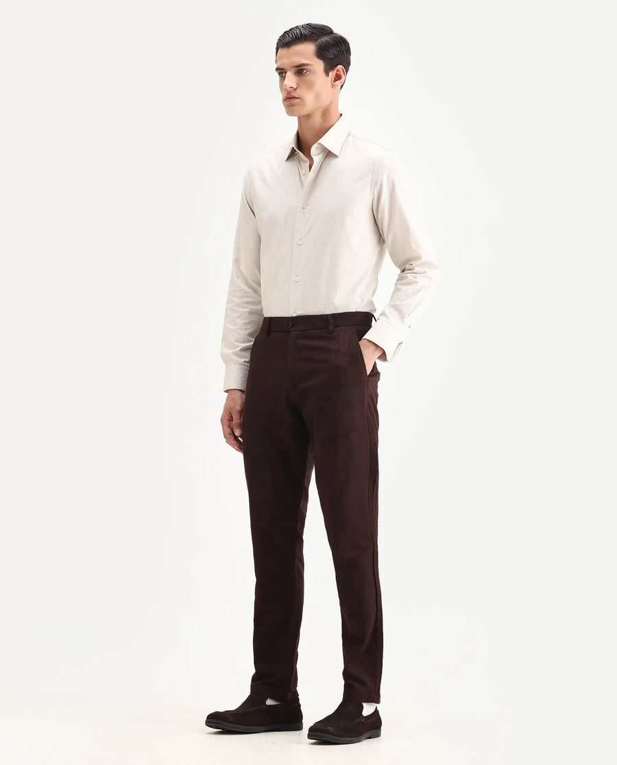 Rare Rabbit Men Jeck-Aw25 Dark Brown Cotton Fabric Button And Zip Closure Closure Jacquard Trouser