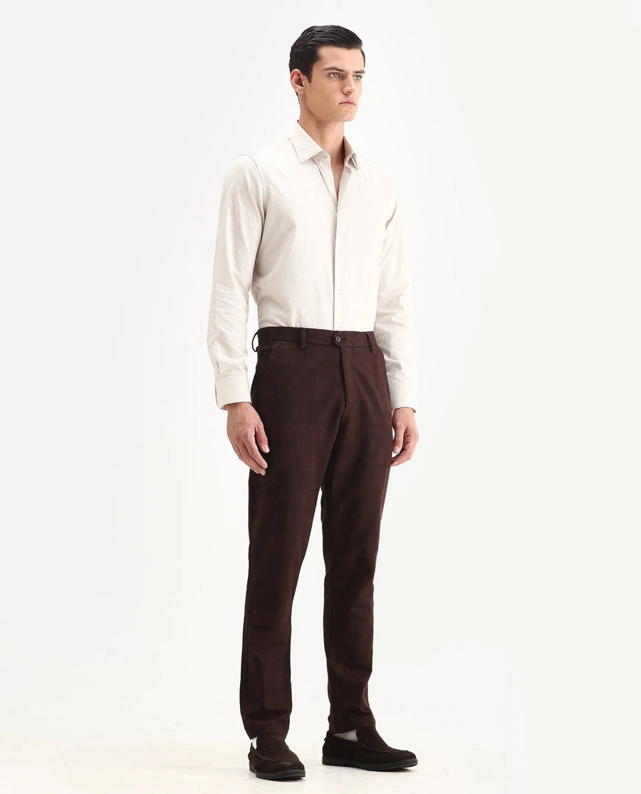 Rare Rabbit Men Jeck-Aw25 Dark Brown Cotton Fabric Button And Zip Closure Closure Jacquard Trouser