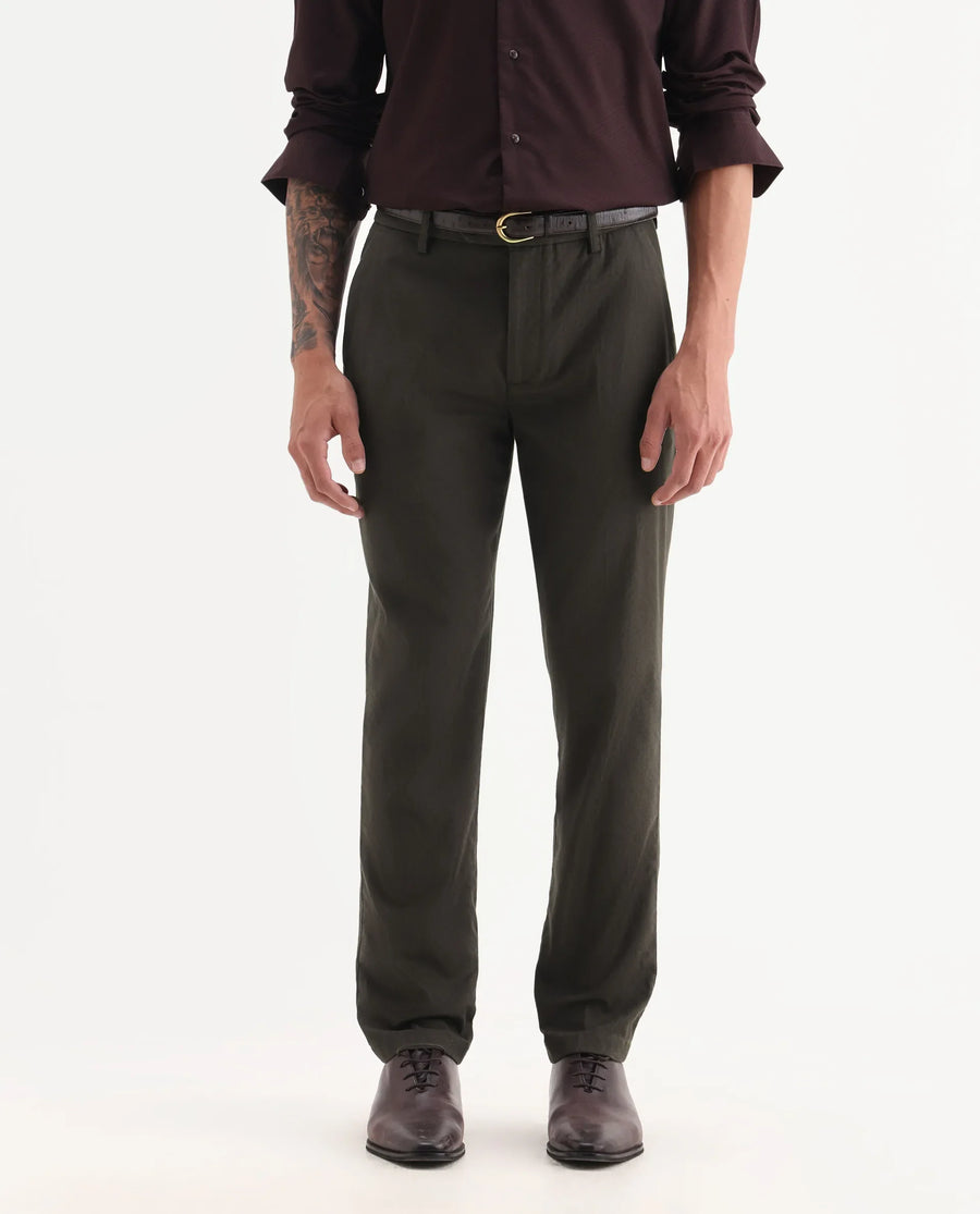 Rare Rabbit Men Jes-Aw25 Dark Olive Cotton Fabric Button Closure Plain Trouser