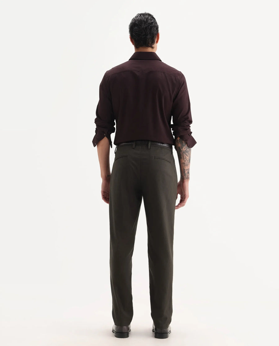 Rare Rabbit Men Jes-Aw25 Dark Olive Cotton Fabric Button Closure Plain Trouser