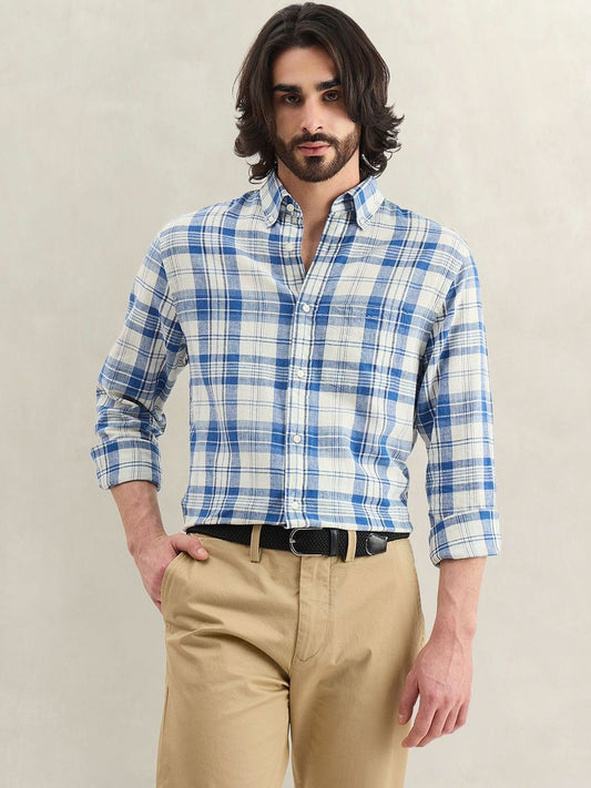 Gant Men Blue Checked Regular Fit Linen Madras Checked Shirt