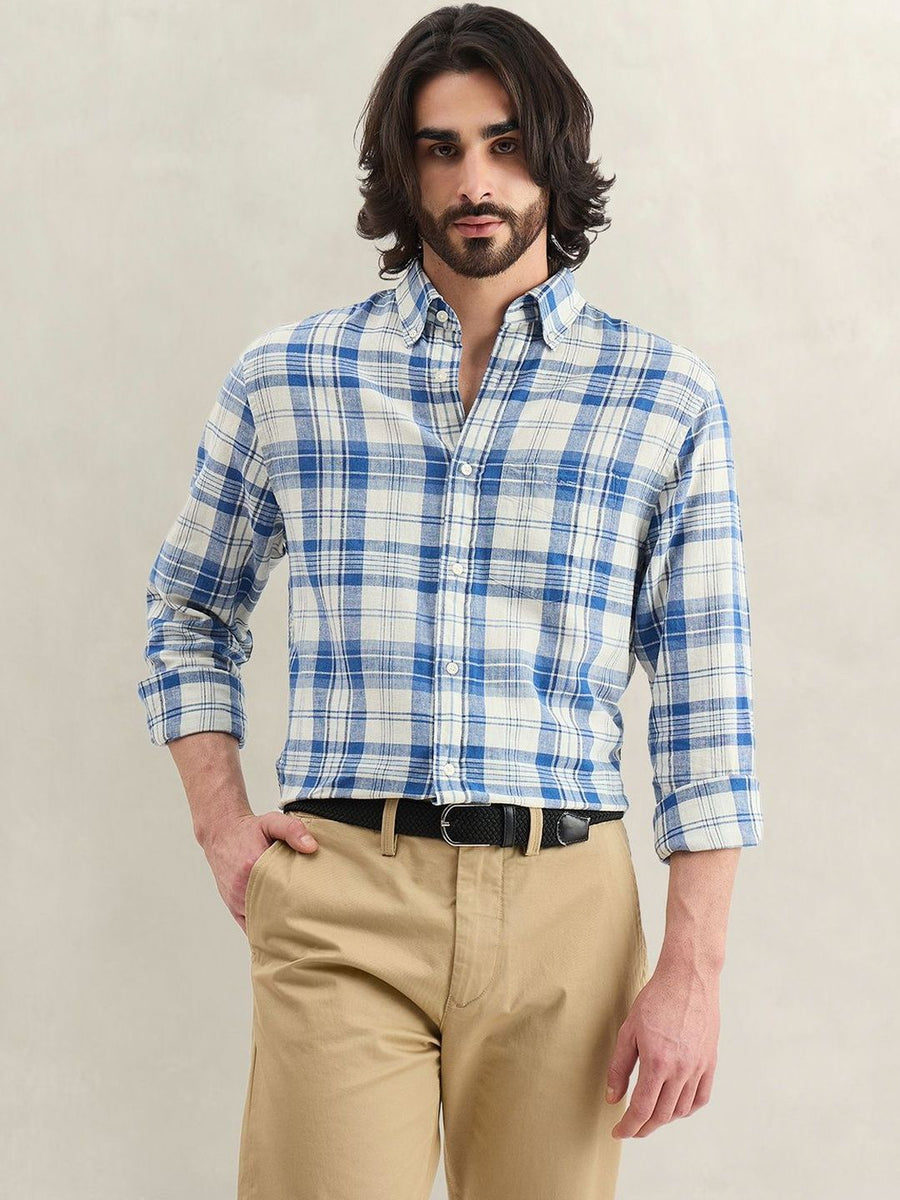 Gant Men Blue Checked Regular Fit Linen Madras Checked Shirt