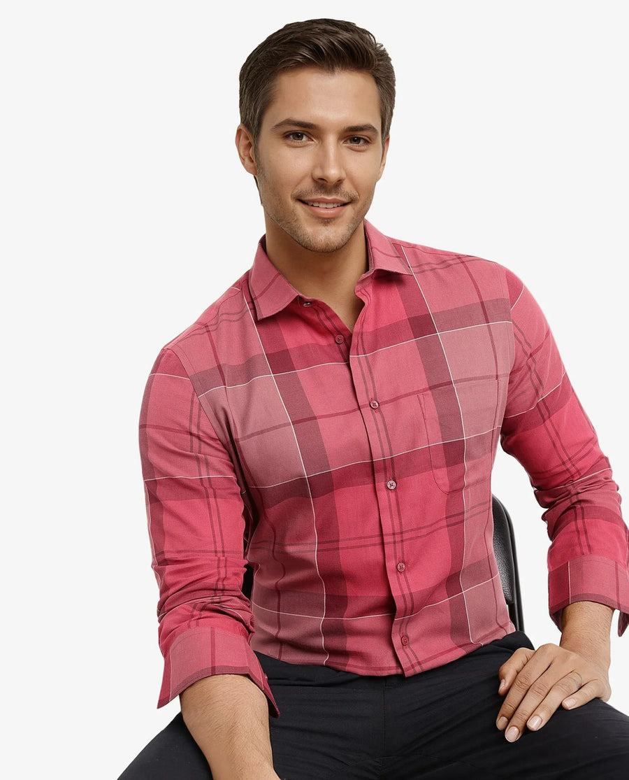 Rare Rabbit Men's John Red Cotton Blend Checked Print Regular Fit Full Sleeve Collared Shirt