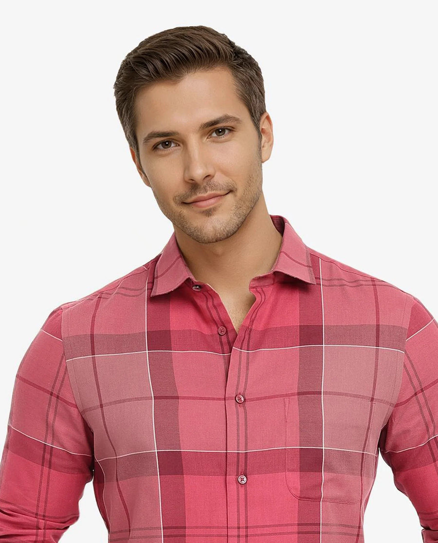 Rare Rabbit Men's John Red Cotton Blend Checked Print Regular Fit Full Sleeve Collared Shirt