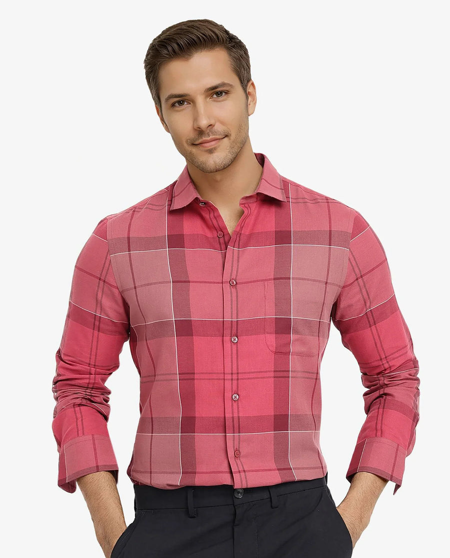 Rare Rabbit Men's John Red Cotton Blend Checked Print Regular Fit Full Sleeve Collared Shirt