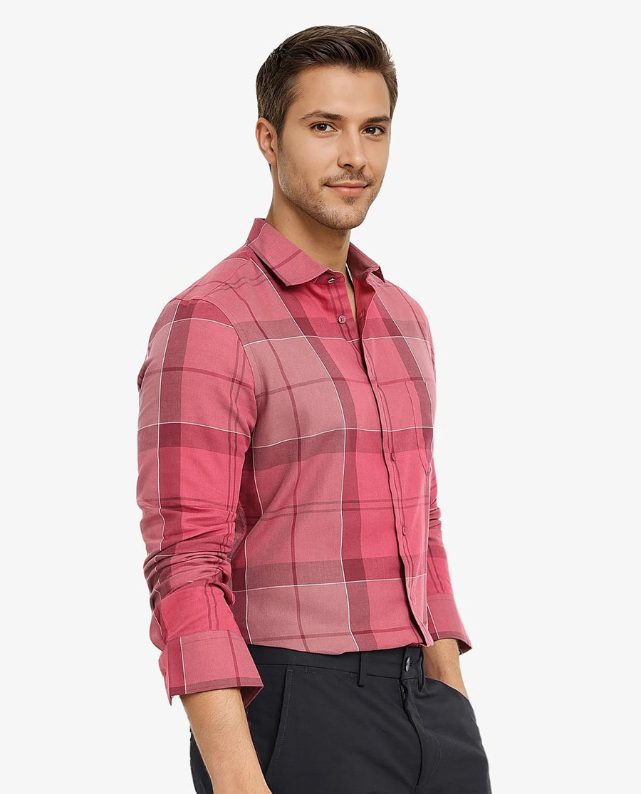 Rare Rabbit Men's John Red Cotton Blend Checked Print Regular Fit Full Sleeve Collared Shirt