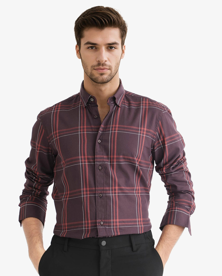 Rare Rabbit Men's Juba Dark Maroon Cotton Checked Print Regular Fit Full Sleeve Collared Shirt