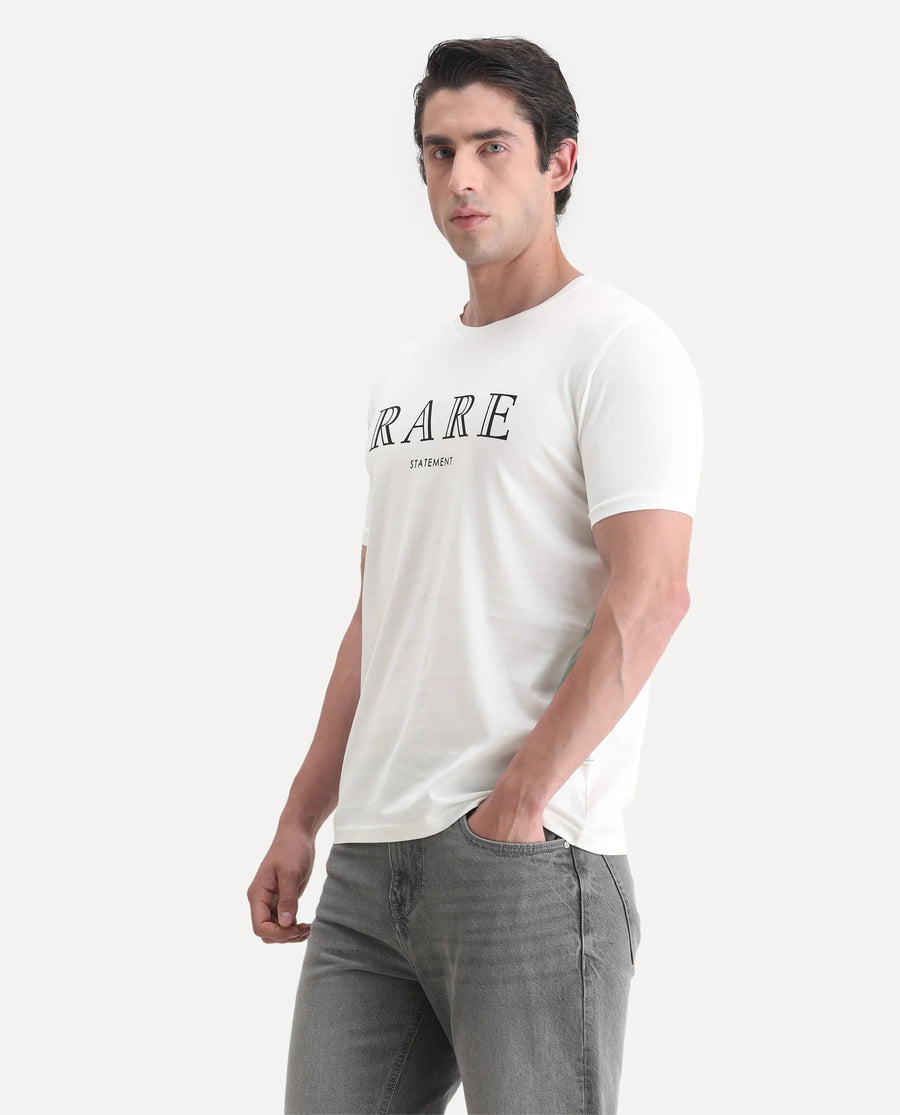 Rare Rabbit Men's Junot White Cotton Graphic Print Regular Fit Half Sleeve Crew Neck T-Shirt