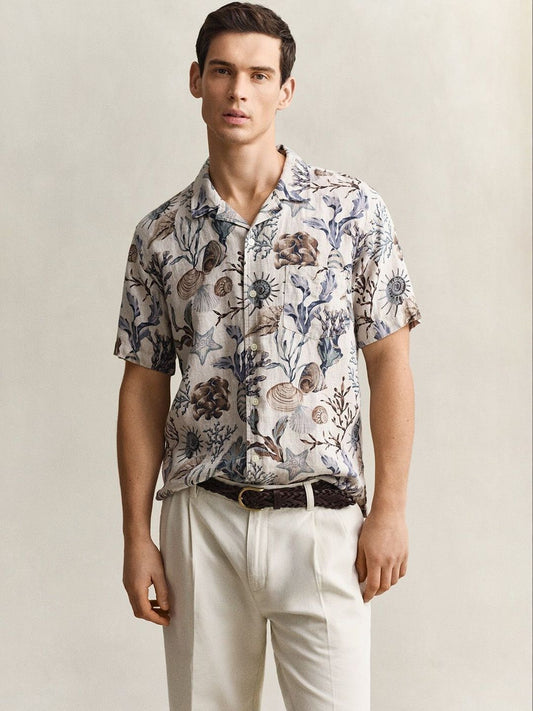 Gant Men Beige Printed Regular Fit Pure Linen Shirt