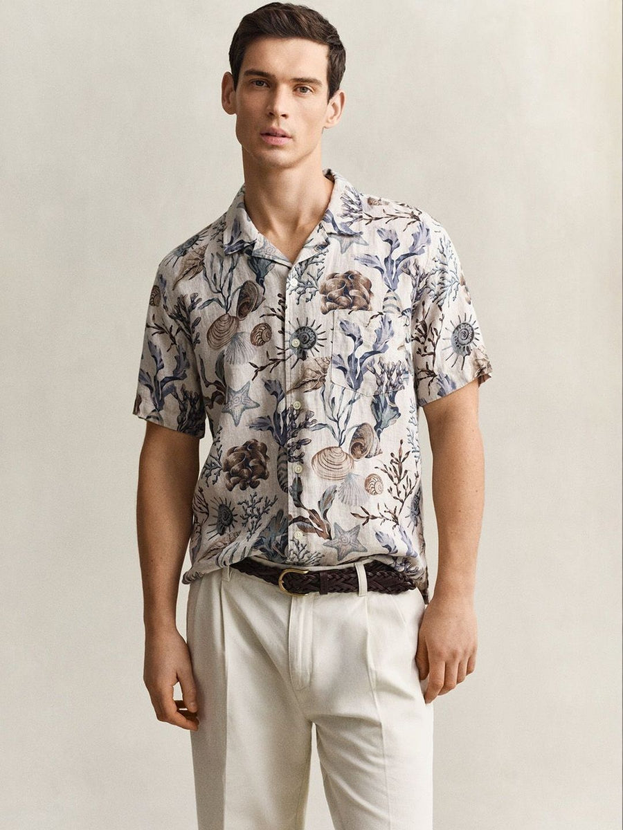 Gant Men Beige Printed Regular Fit Pure Linen Shirt