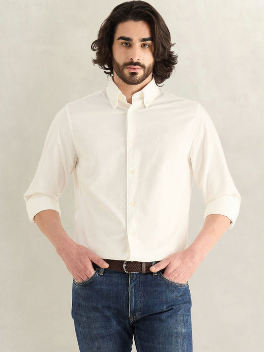 Gant Men Off White Solid Regular Fit Pure Cotton Shirt