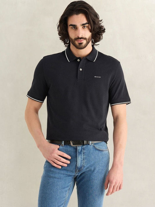 Gant Men Black Solid Regular Fit Pique Polo T-Shirt