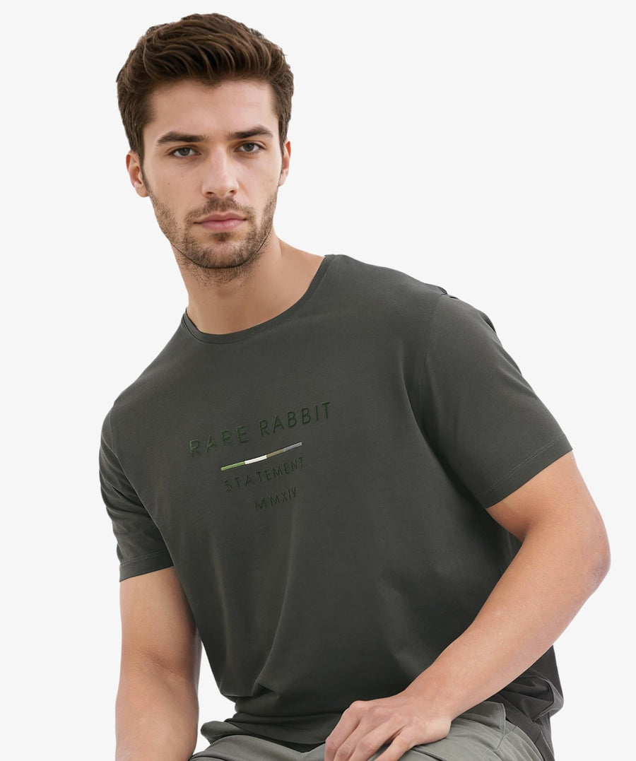 Rare Rabbit Men's Kael Olive Cotton Blend Graphic Print Regular Fit Half Sleeve Crew Neck T-Shirt