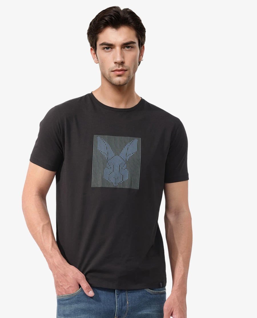 Rare Rabbit Men's Kalon Black Cotton Blend Graphic Print Regular Fit Half Sleeve Crew Neck T-Shirt