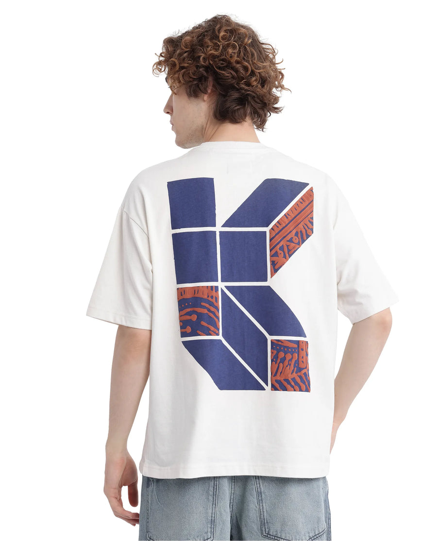 Rare Rabbit Men's Karwo Off White Cotton Graphic Print Oversized Fit Half Sleeve Crew Neck T-Shirt