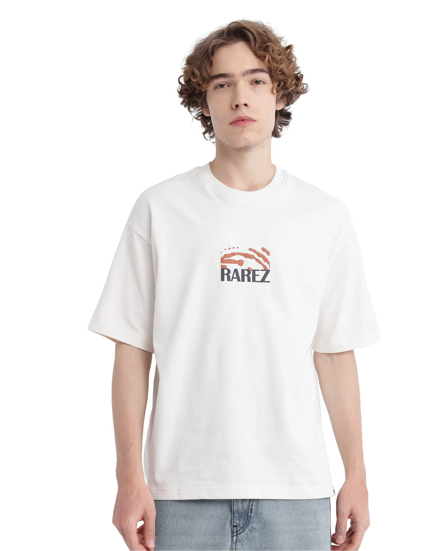 Rare Rabbit Men's Karwo Off White Cotton Graphic Print Oversized Fit Half Sleeve Crew Neck T-Shirt