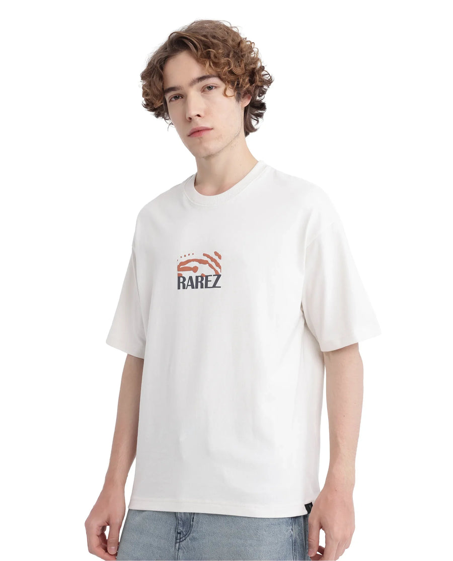 Rare Rabbit Men's Karwo Off White Cotton Graphic Print Oversized Fit Half Sleeve Crew Neck T-Shirt