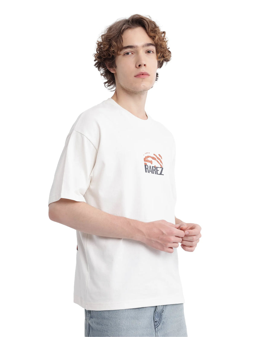 Rare Rabbit Men's Karwo Off White Cotton Graphic Print Oversized Fit Half Sleeve Crew Neck T-Shirt