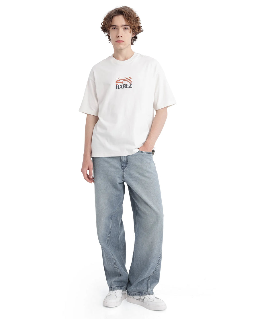 Rare Rabbit Men's Karwo Off White Cotton Graphic Print Oversized Fit Half Sleeve Crew Neck T-Shirt