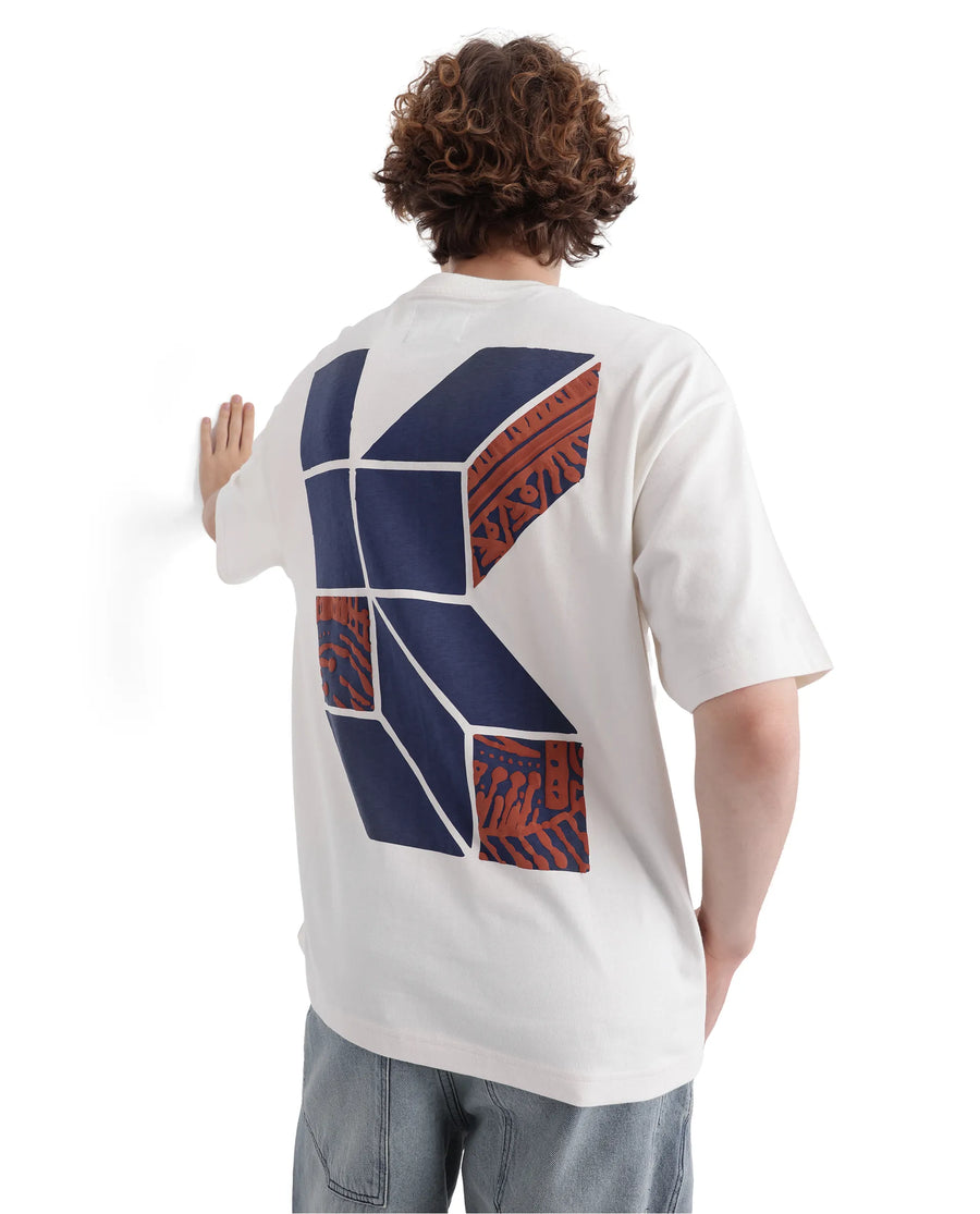 Rare Rabbit Men's Karwo Off White Cotton Graphic Print Oversized Fit Half Sleeve Crew Neck T-Shirt