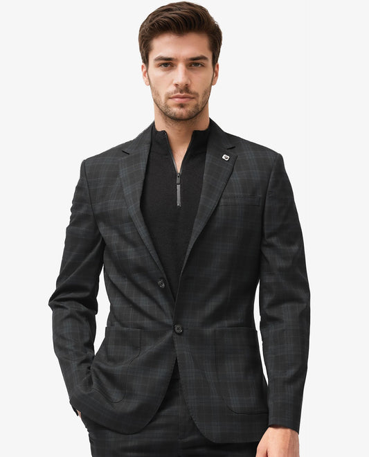 Rare Rabbit Men's Kaspro Black Polyester Checked Print Tailored Fit Full Sleeve Lapel Neck Suits