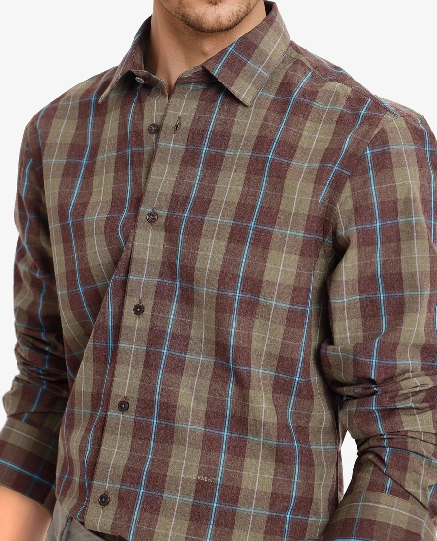 Rare Rabbit Men's Keep Dark Brown Cotton Checked Print Regular Fit Full Sleeve Collared Shirt