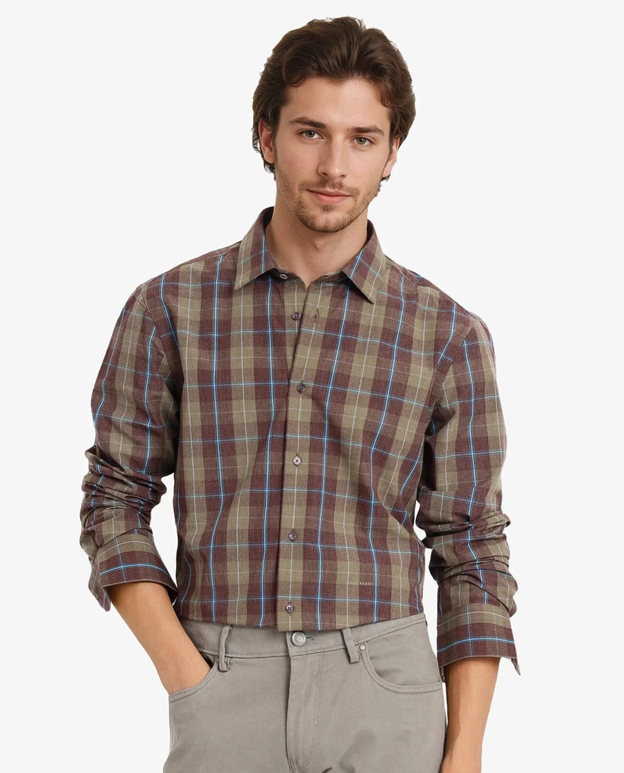 Rare Rabbit Men's Keep Dark Brown Cotton Checked Print Regular Fit Full Sleeve Collared Shirt