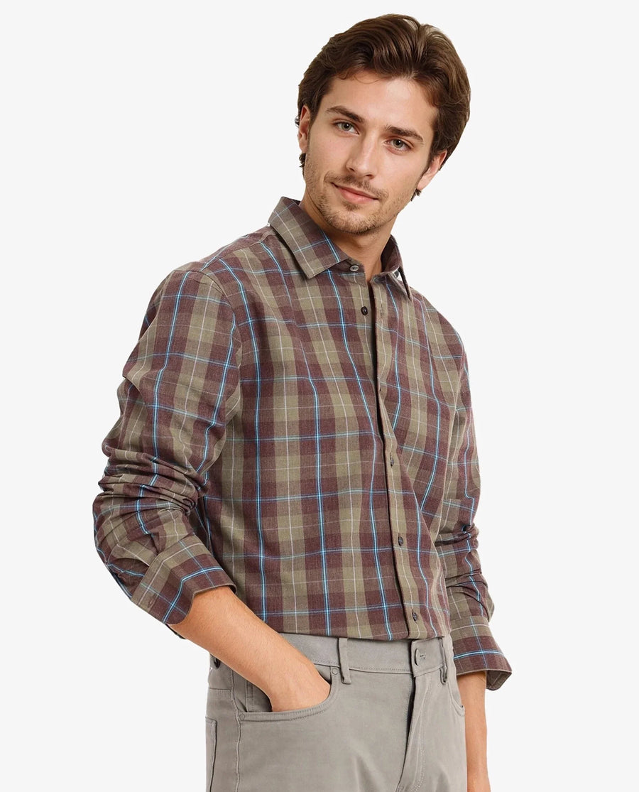 Rare Rabbit Men's Keep Dark Brown Cotton Checked Print Regular Fit Full Sleeve Collared Shirt
