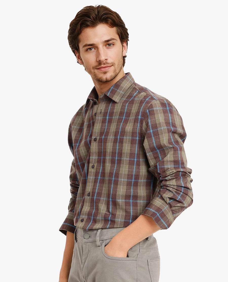 Rare Rabbit Men's Keep Dark Brown Cotton Checked Print Regular Fit Full Sleeve Collared Shirt