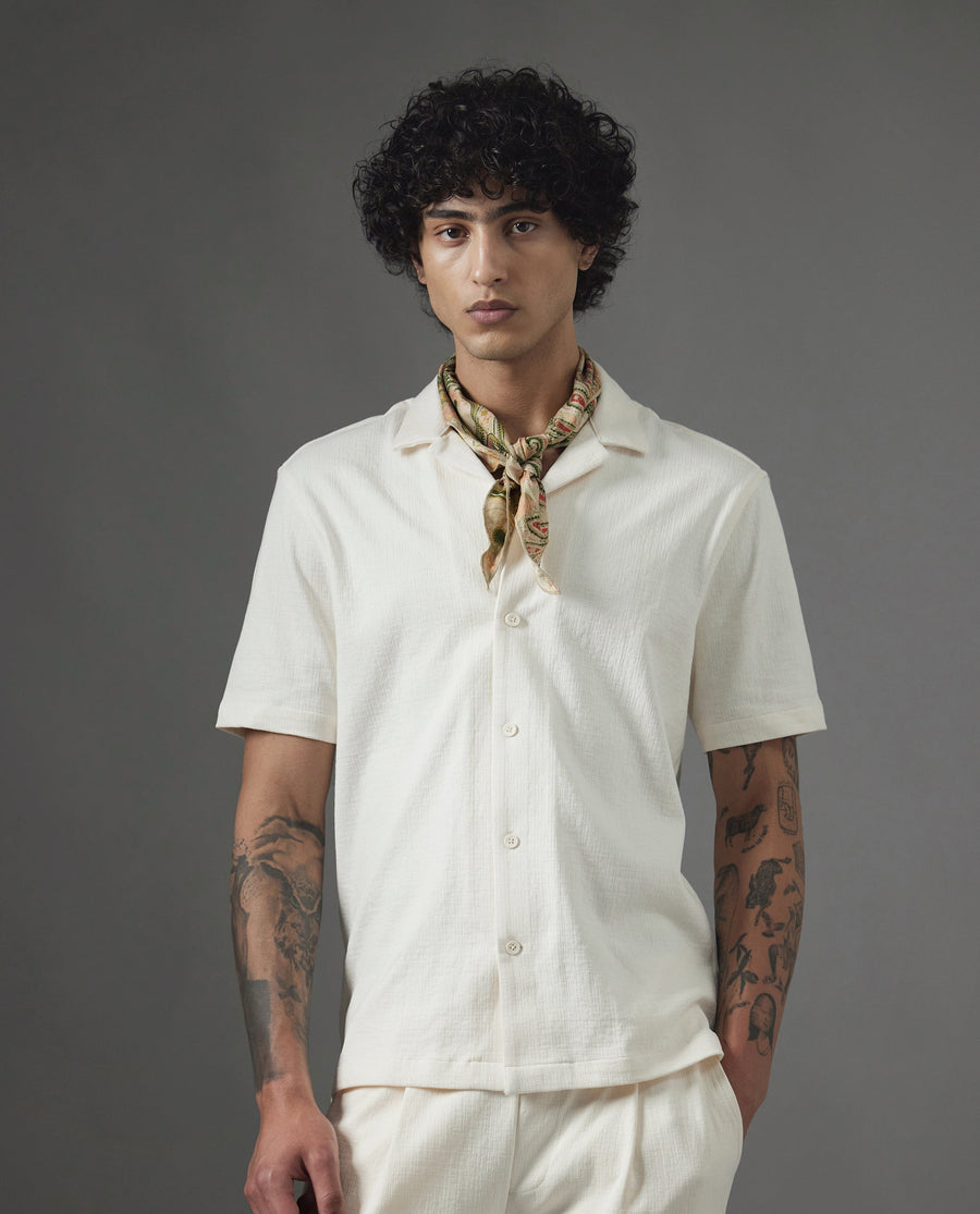 Rare Rabbit Men's Kelos Ss Off White Cotton Blend Plain Boxy Fit Half Sleeve Cuban Collar Shirt