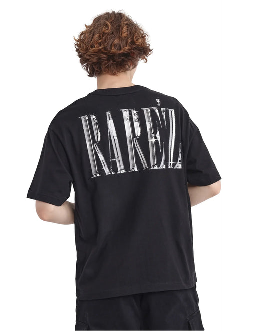 Rare Rabbit Men's Keltz Black Cotton Typography Print Oversized Fit Half Sleeve Crew Neck T-Shirt