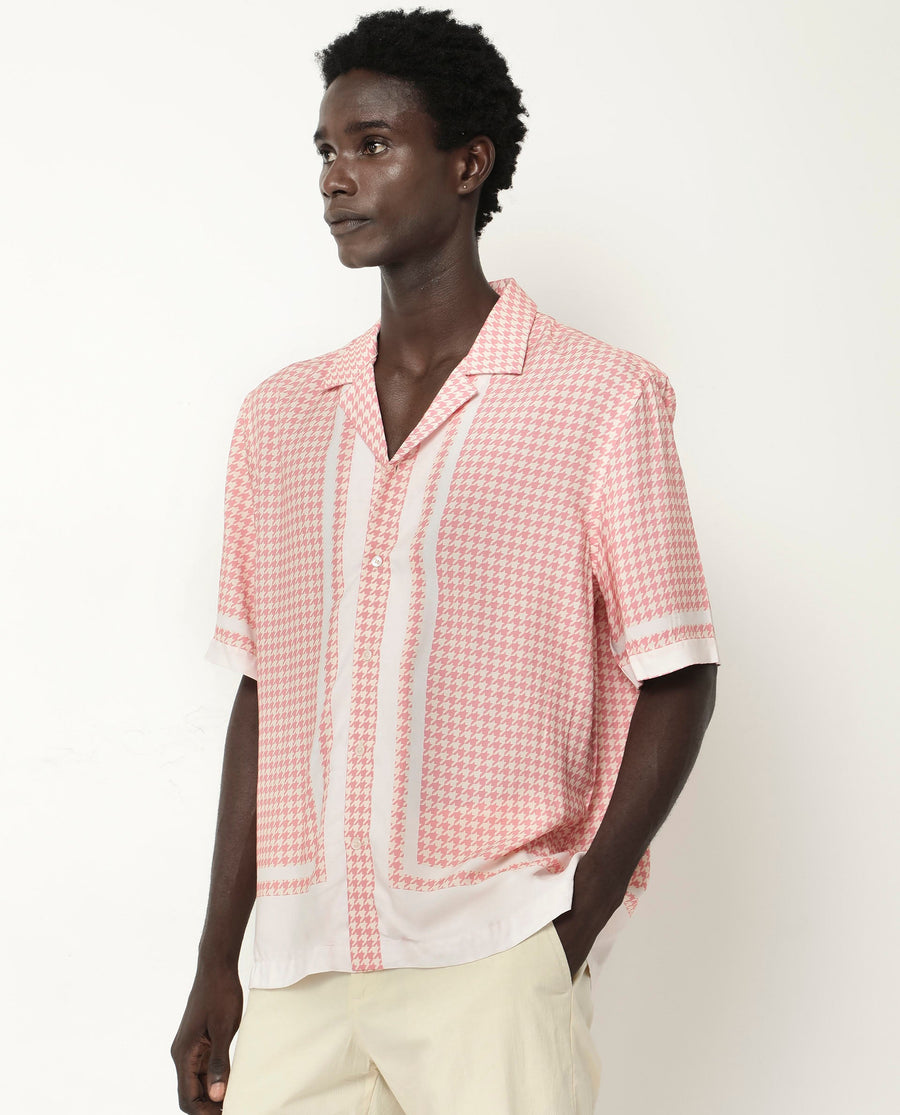 Rare Rabbit Men's Kene Peach Viscose Graphic Print Boxy Fit Half Sleeve Cuban Collar Shirt