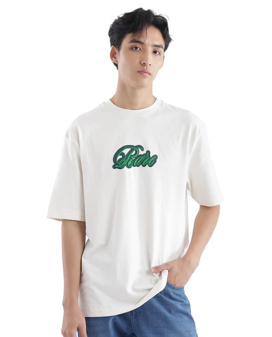Rare Rabbit Men's Kenzo Off White Cotton Embroidered Oversized Fit Half Sleeve Crew Neck T-Shirt