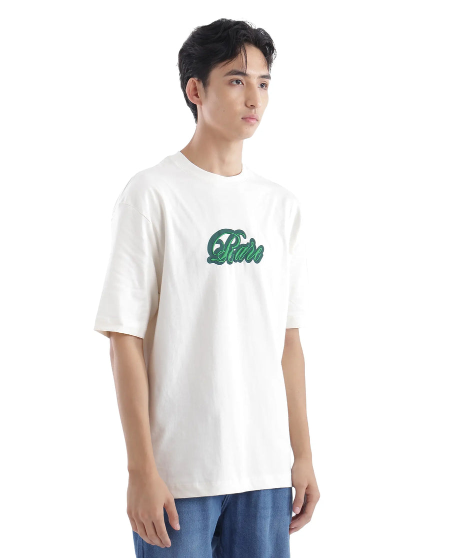 Rare Rabbit Men's Kenzo Off White Cotton Embroidered Oversized Fit Half Sleeve Crew Neck T-Shirt
